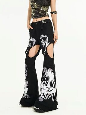 Black Cut-Out Flared Pants with White Paint Graphic